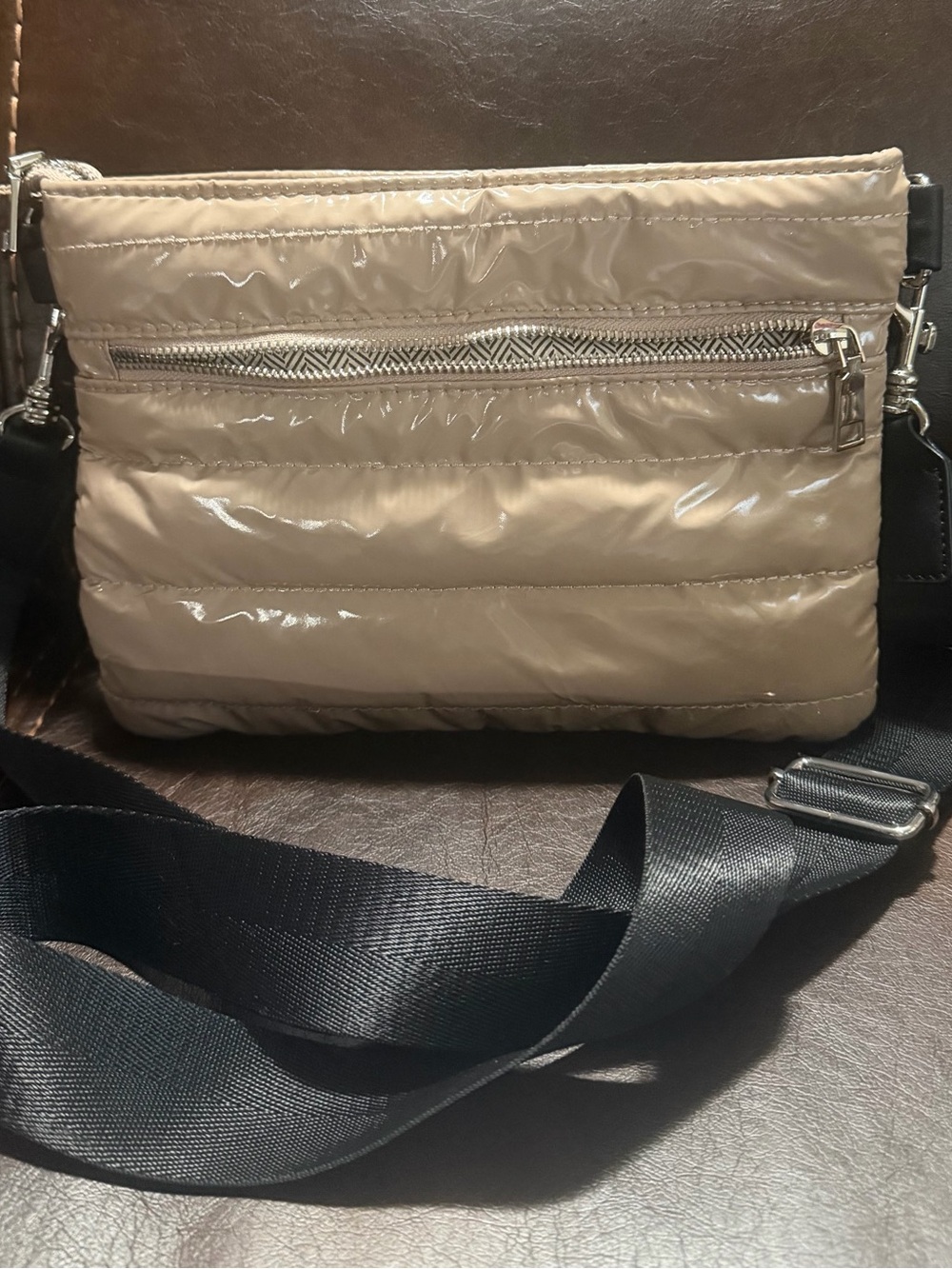 Neutral Beige Quilted Crossbody Bag with Black Strap
